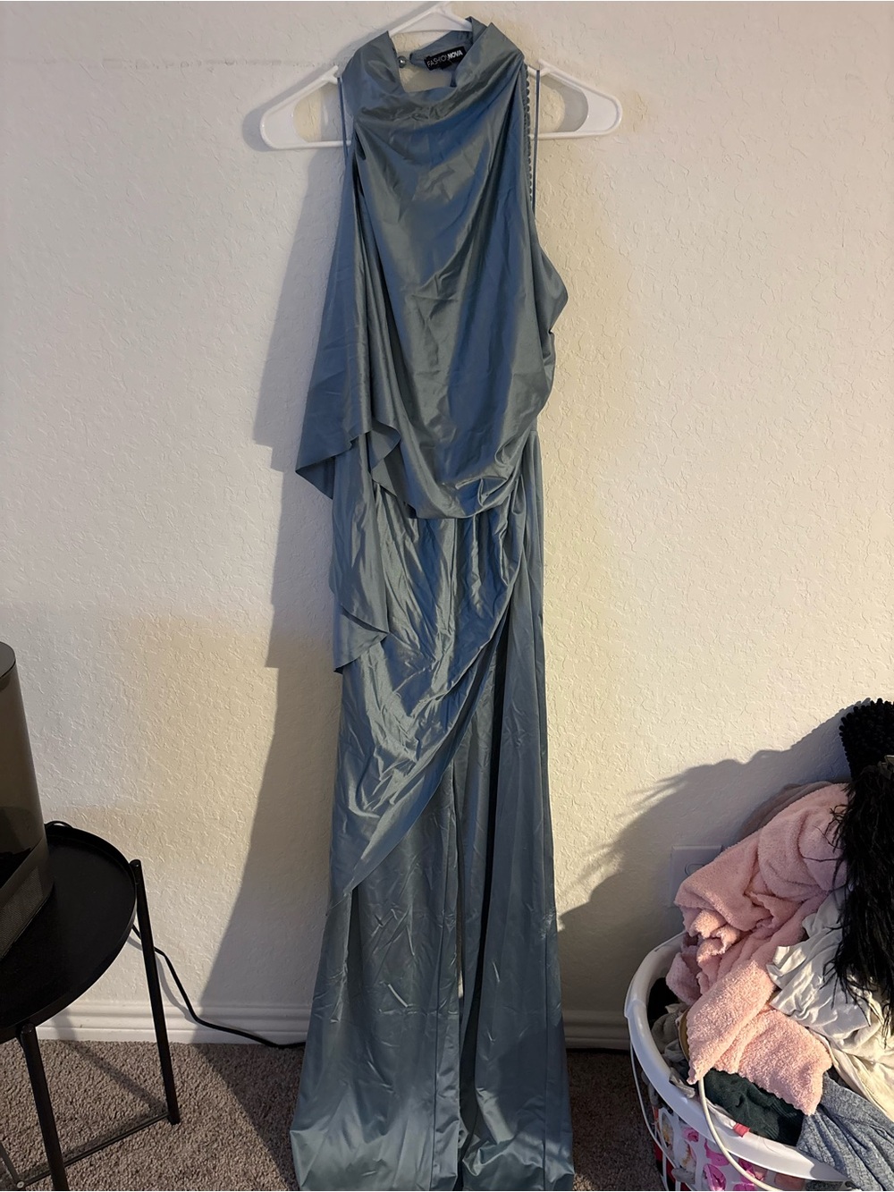 Fashion Nova Slate Blue One-Shoulder Draped Gown